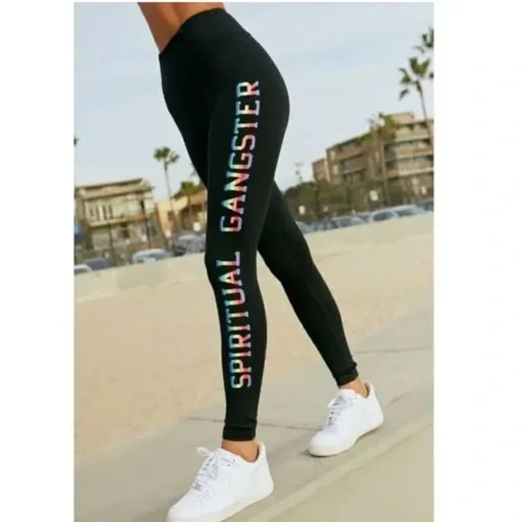 NWT Spiritual Gangster Black Rainbow High Rise Leggings with Colorful Logo - Picture 2 of 8